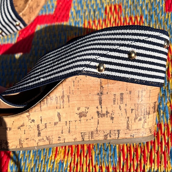 Montego Bay Club cork wedges ~Navy/white stripe elastic top size 7.5/8 - Picture 3 of 7